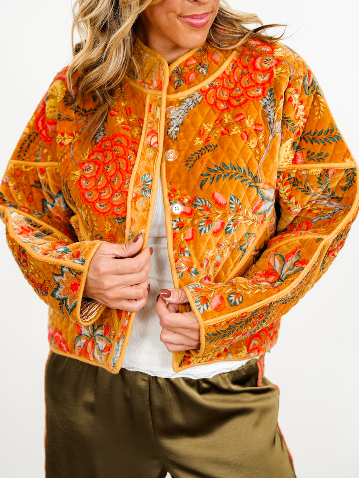 POL Floral Quilted Velvet Button Down Jacket