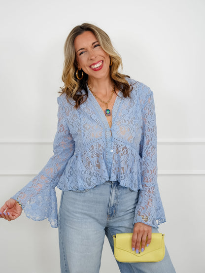 Floral Lace Long Sleeve V Neck Blouse