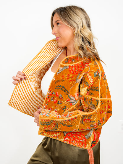 POL Floral Quilted Velvet Button Down Jacket