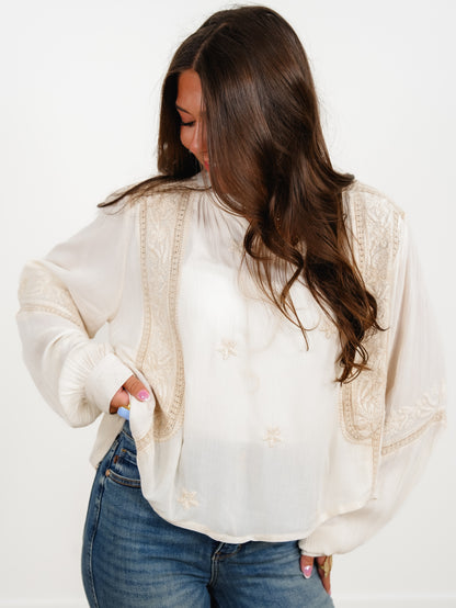 POL Embroidered Long Sleeve V-Neck Top