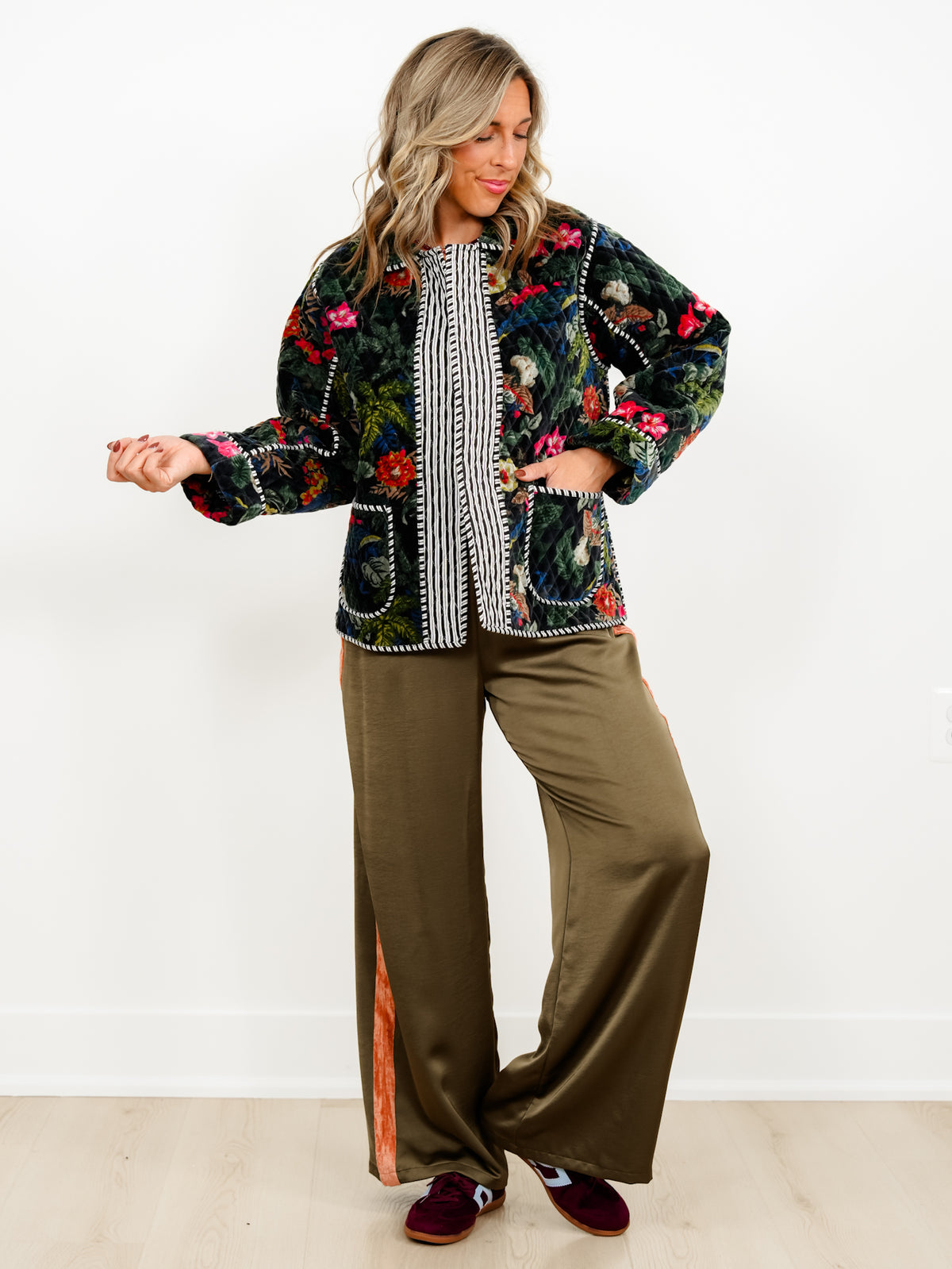 POL Floral Quilted Velvet Open Front Jacket with Stripe Detail