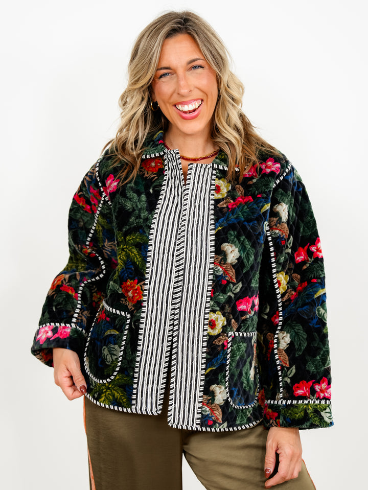 POL Floral Quilted Velvet Open Front Jacket with Stripe Detail