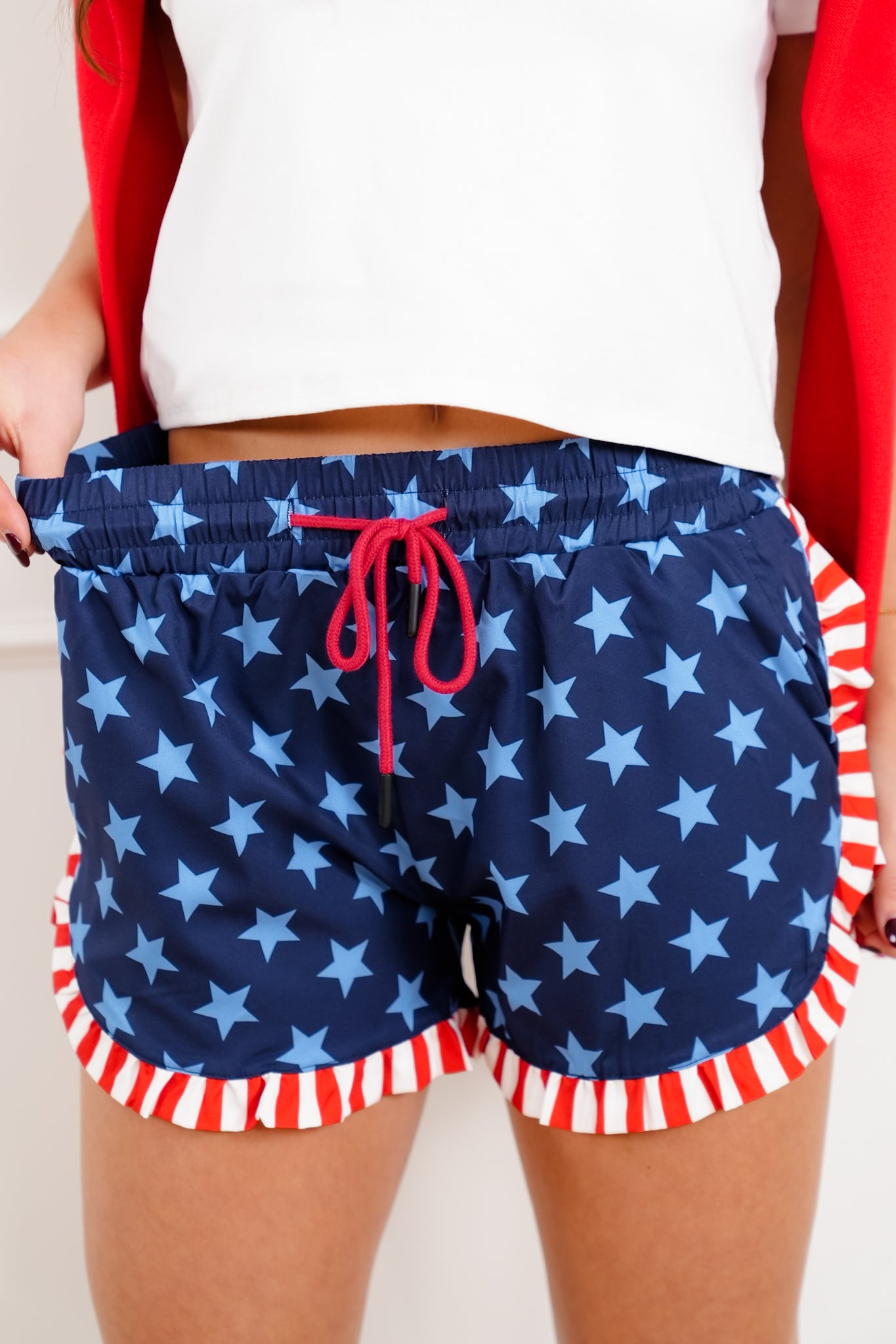 Plus/Reg Star Print Shorts with Stripe Ruffle Detail