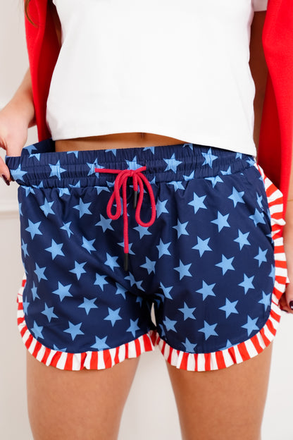 Plus/Reg Star Print Shorts with Stripe Ruffle Detail