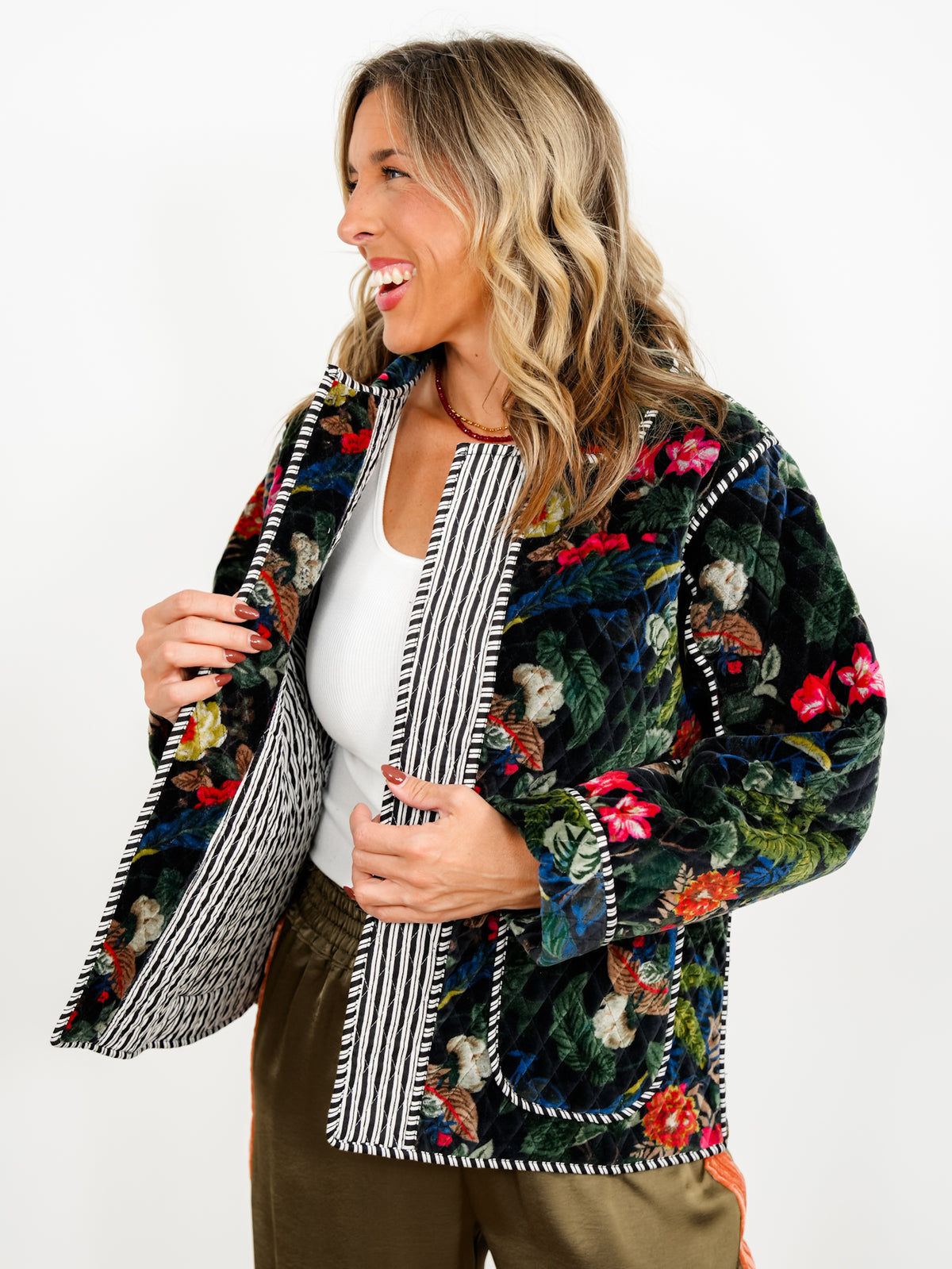 POL Floral Quilted Velvet Open Front Jacket with Stripe Detail