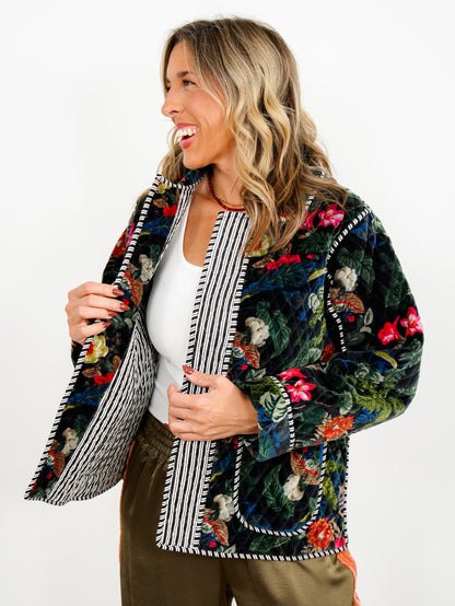 POL Floral Quilted Velvet Open Front Jacket with Stripe Detail