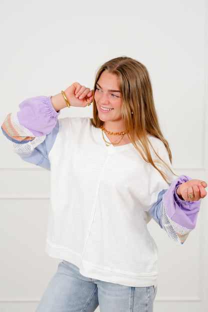 Cotton Long Stripe Sleeve V Neck Top