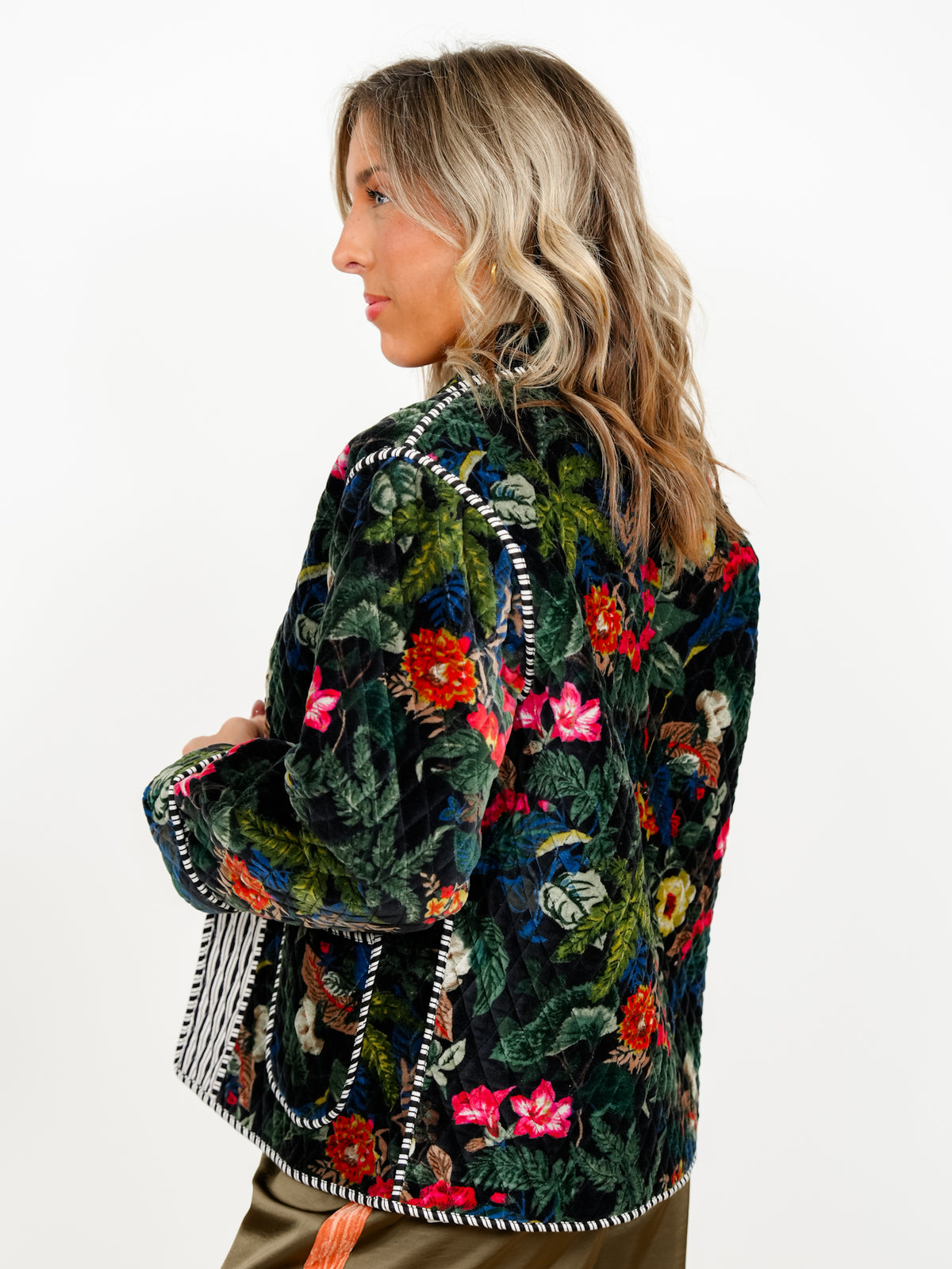 POL Floral Quilted Velvet Open Front Jacket with Stripe Detail