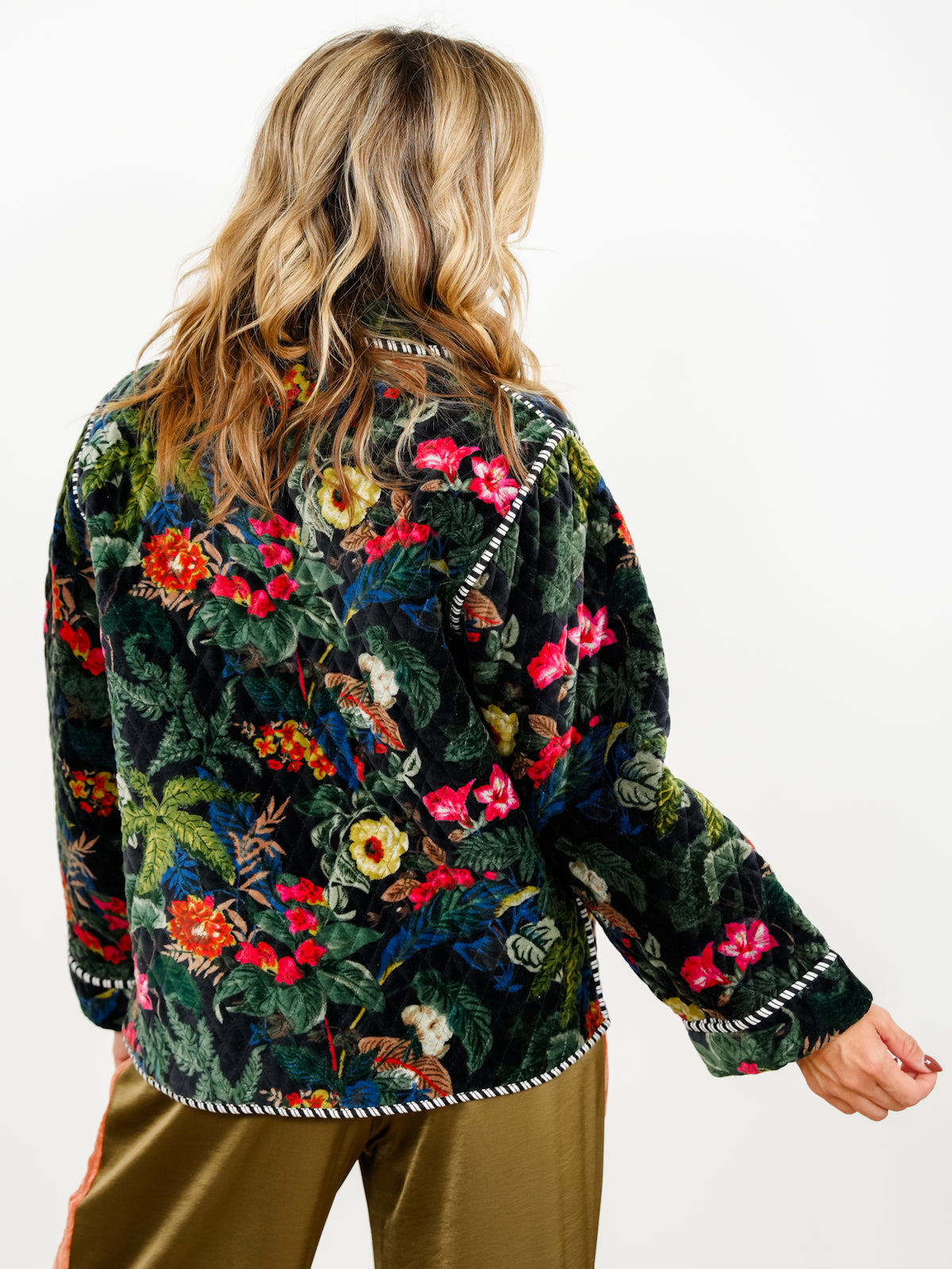 POL Floral Quilted Velvet Open Front Jacket with Stripe Detail