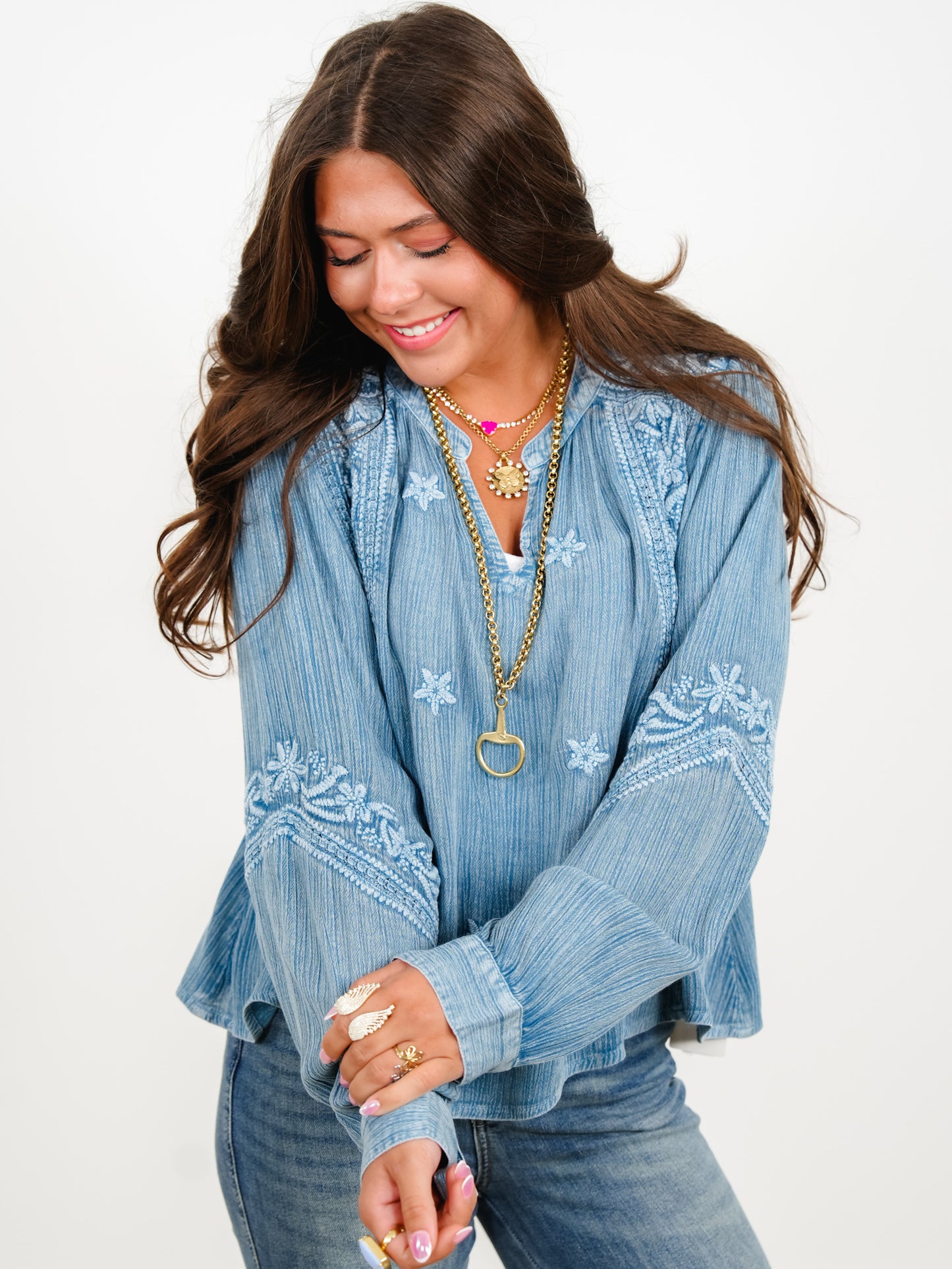 POL Embroidered Long Sleeve V-Neck Top