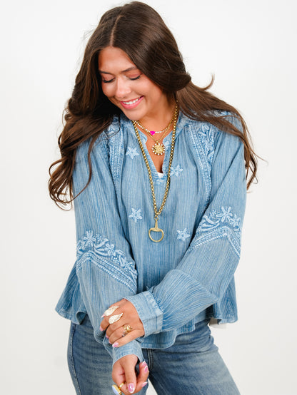 POL Embroidered Long Sleeve V-Neck Top