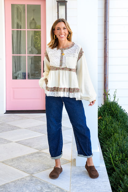 POL Textured Long Sleeve Round Neck Top
