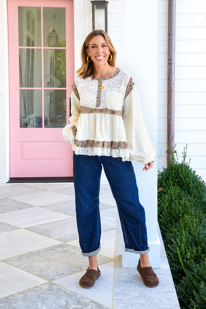 POL Textured Long Sleeve Round Neck Top
