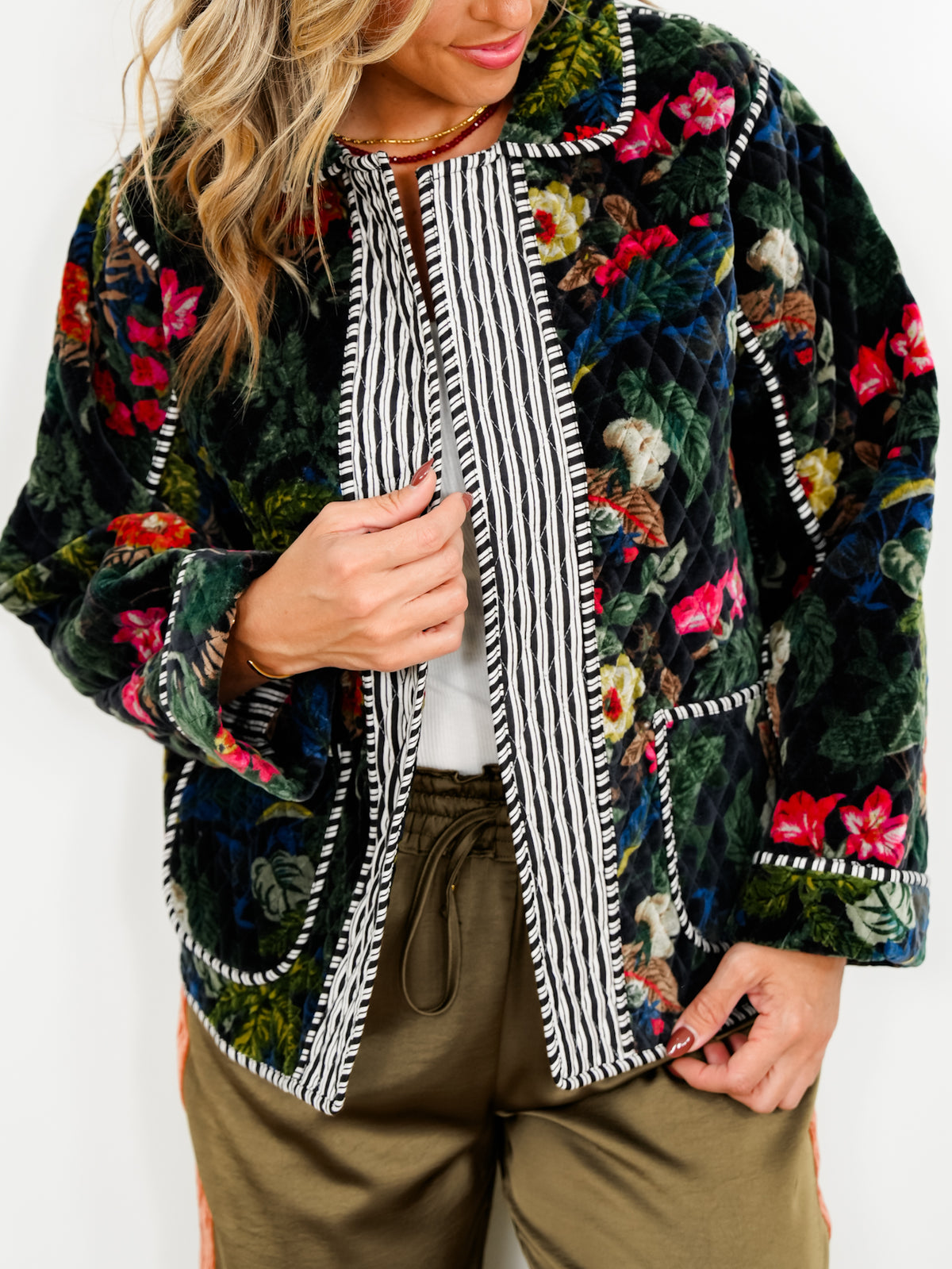 POL Floral Quilted Velvet Open Front Jacket with Stripe Detail