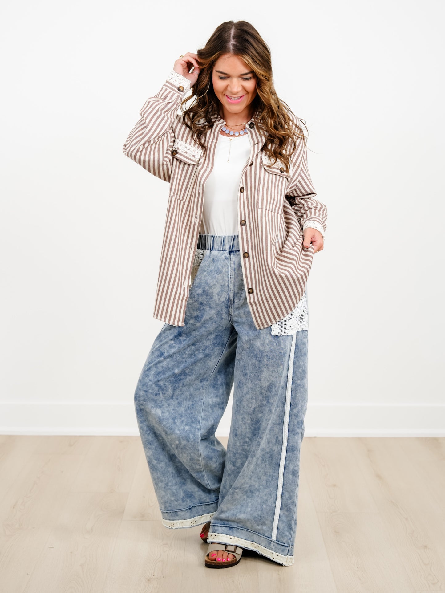 Striped Long Sleeve Button Down Shacket With Lace Detail - Freckled Poppy