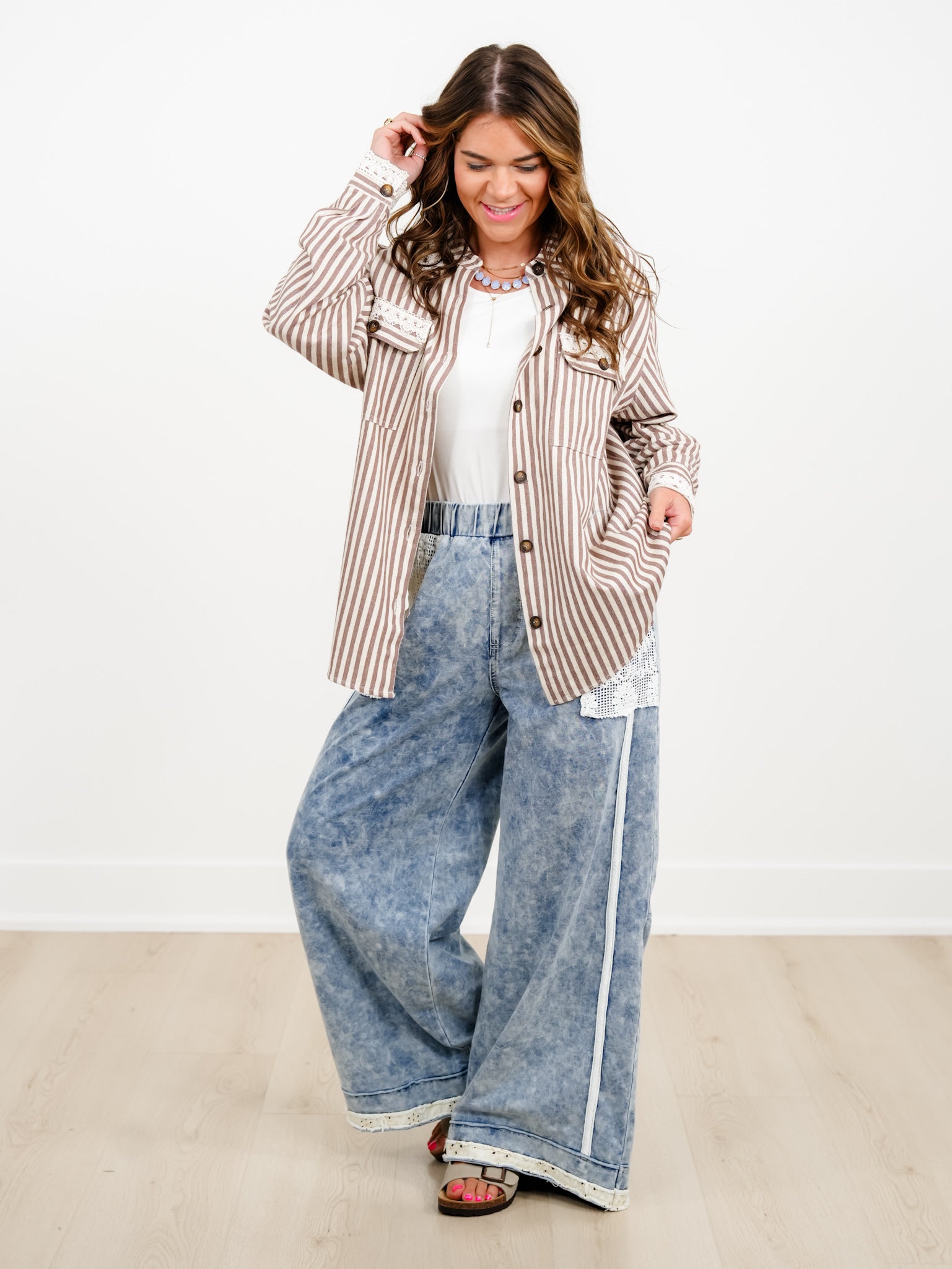 Striped Long Sleeve Button Down Shacket With Lace Detail - Freckled Poppy