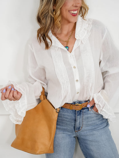 POL White Long Sleeve Button Down Top with Lace Trim