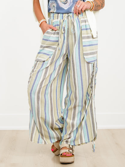 Vertical Stripe Elastic Waist Wide Leg Pants