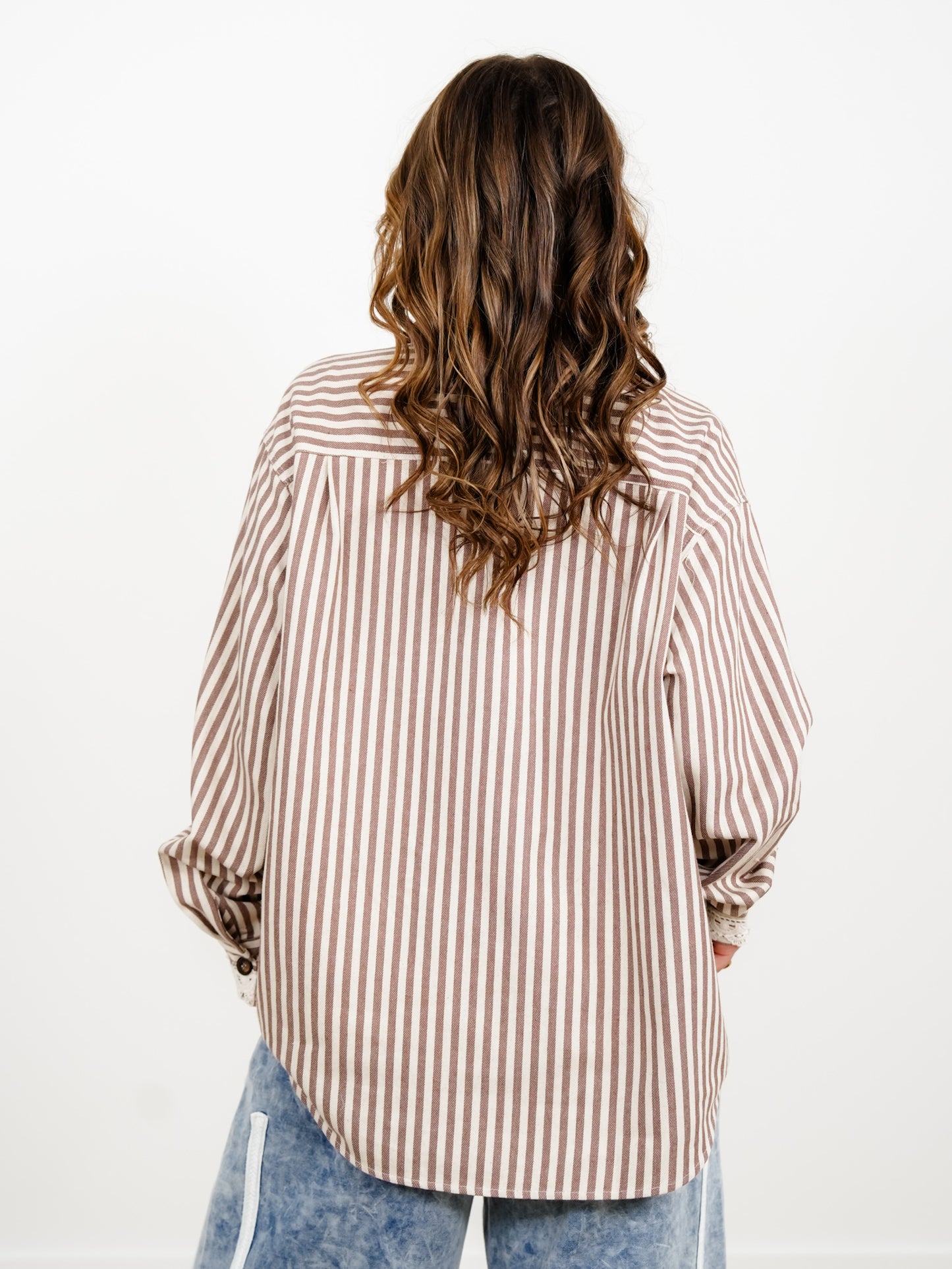 Striped Long Sleeve Button Down Shacket With Lace Detail - Freckled Poppy