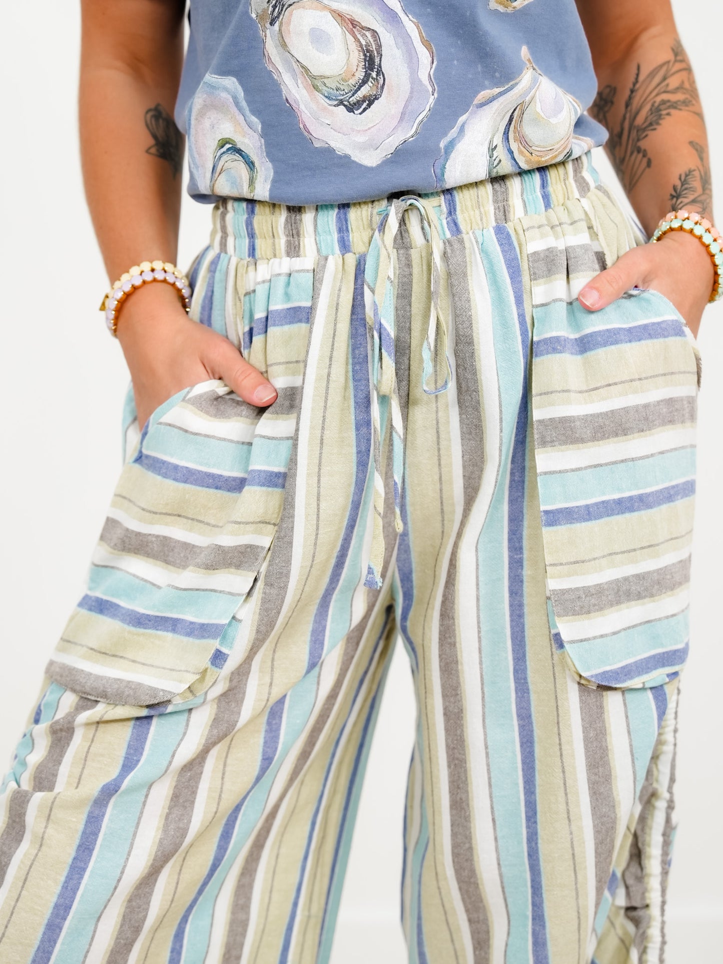 Vertical Stripe Elastic Waist Wide Leg Pants