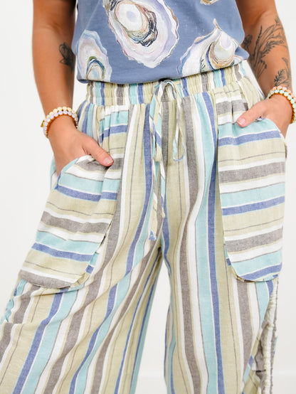 Vertical Stripe Elastic Waist Wide Leg Pants
