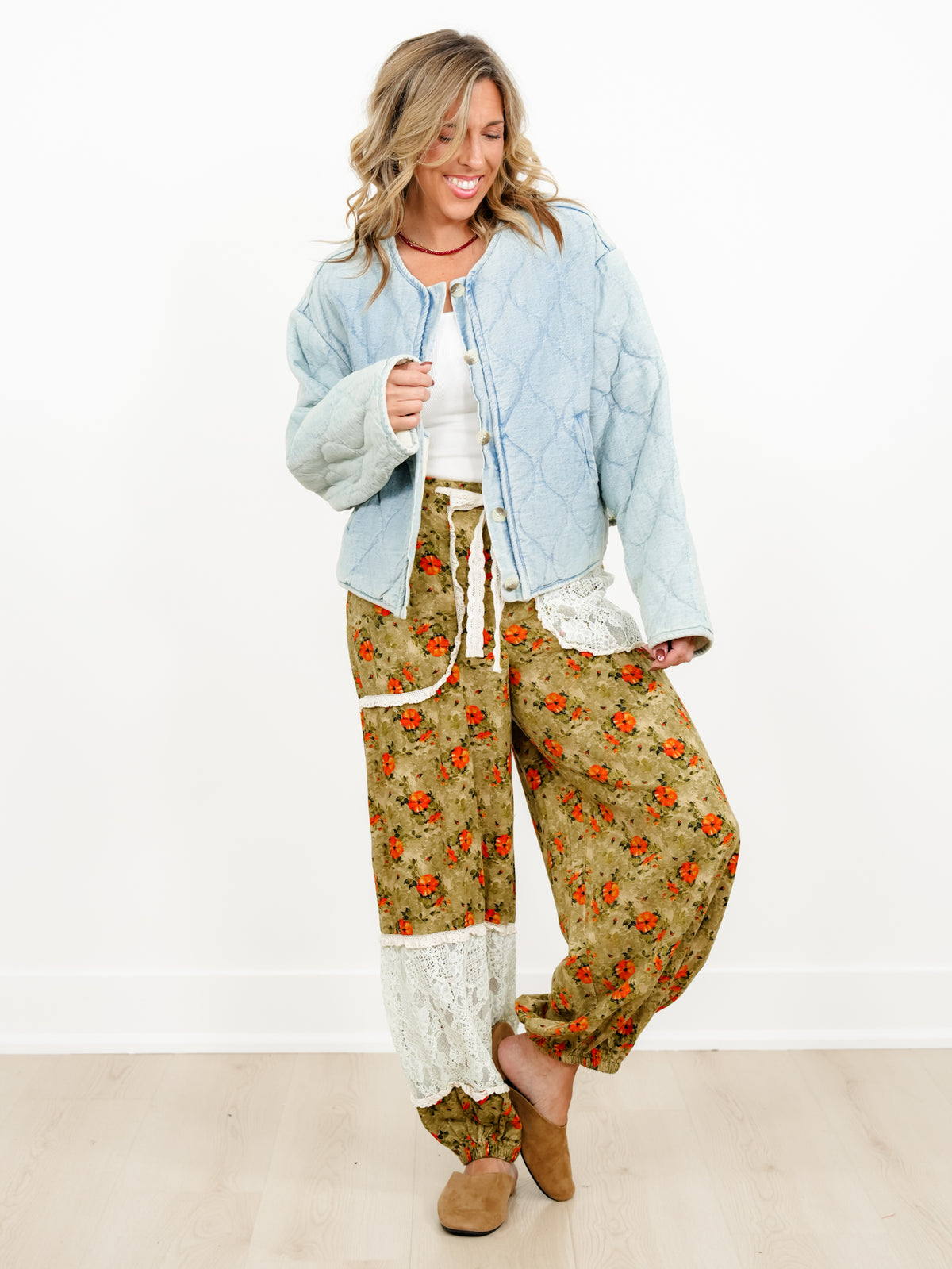 POL Olive Floral Elastic Waist Harem Pants - Freckled Poppy