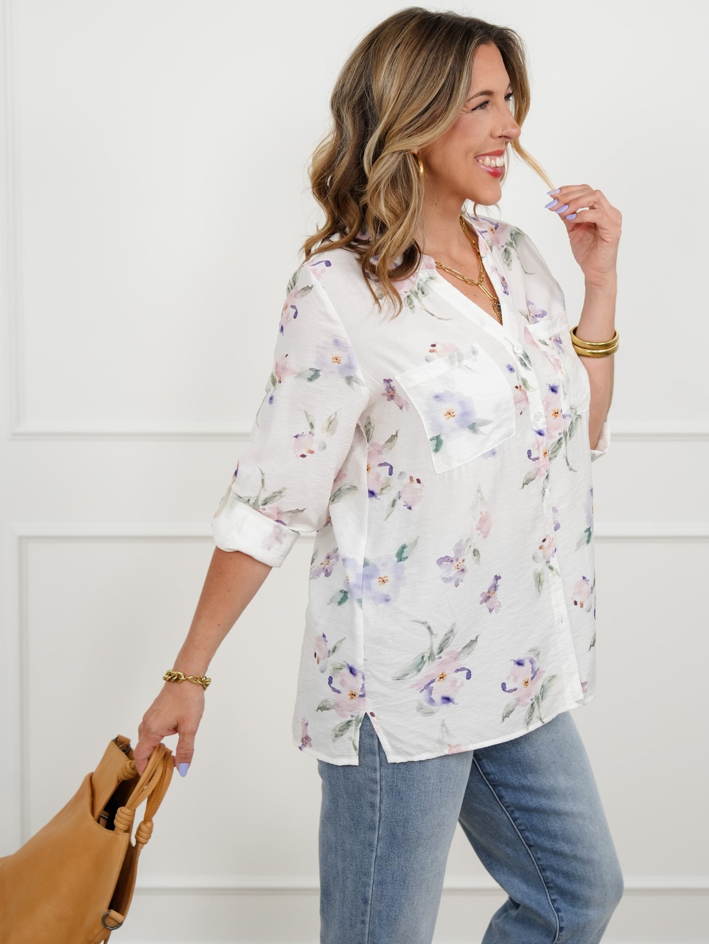 Floral Print Long Sleeve Button Down Top with Chest Pockets