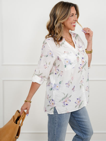 Floral Print Long Sleeve Button Down Top with Chest Pockets