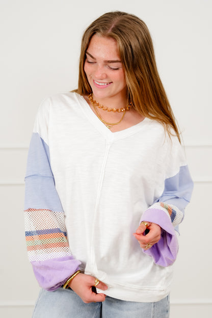 Cotton Long Stripe Sleeve V Neck Top