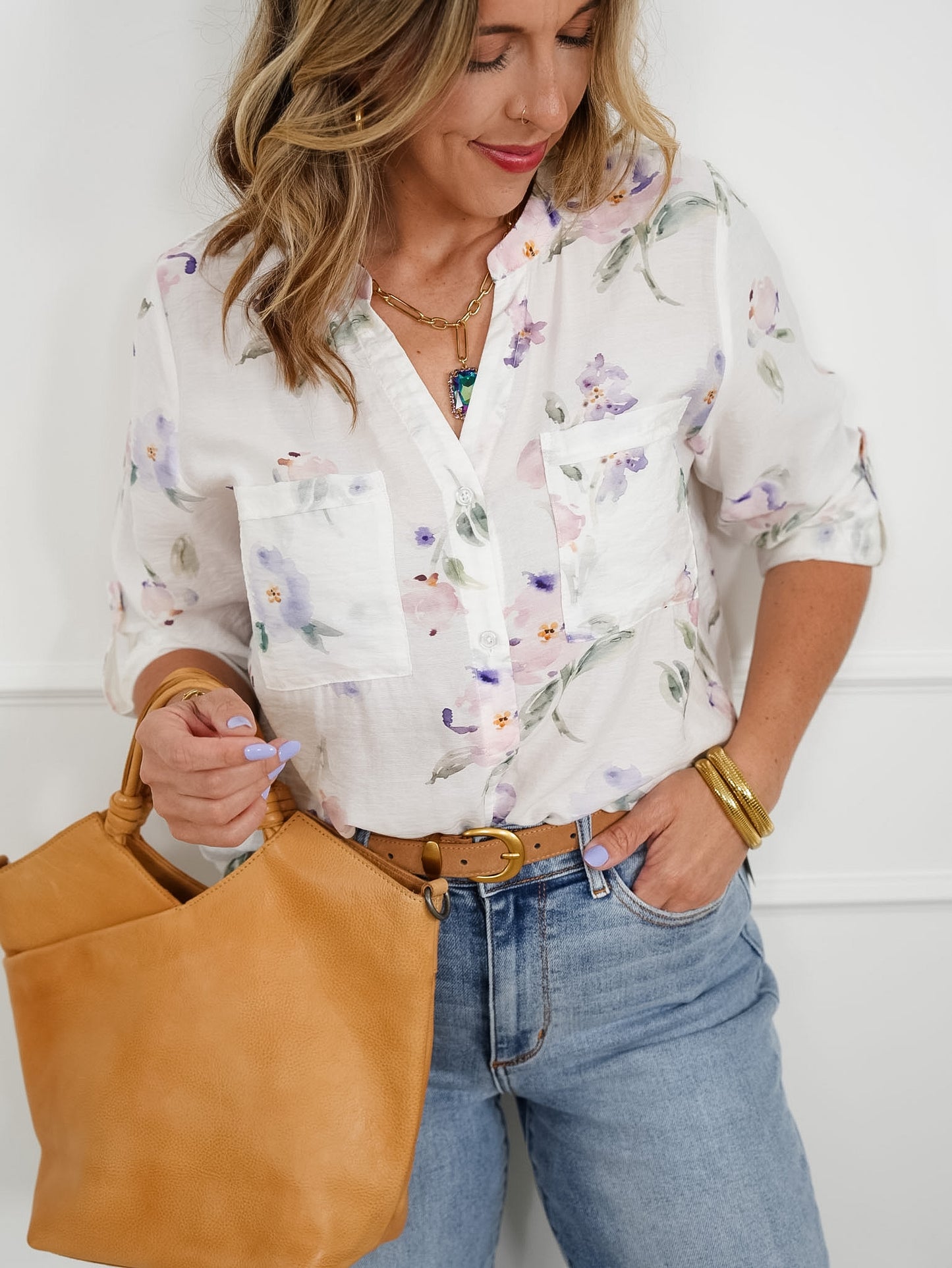 Floral Print Long Sleeve Button Down Top with Chest Pockets