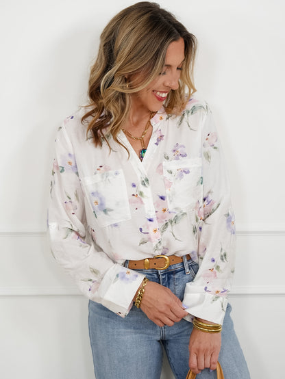 Floral Print Long Sleeve Button Down Top with Chest Pockets