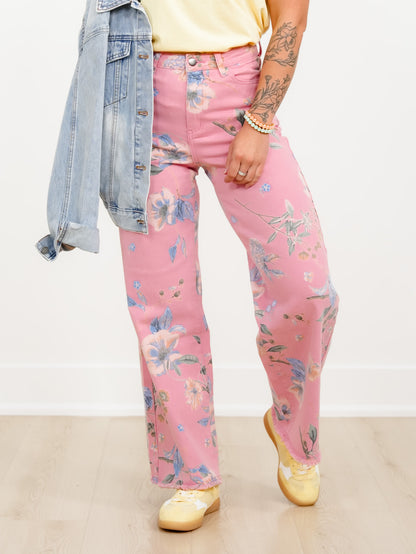 Plus/Reg Floral Print High Waist Straight Leg Pants