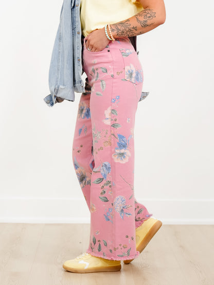 Plus/Reg Floral Print High Waist Straight Leg Pants