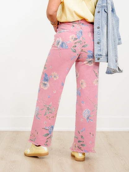 Plus/Reg Floral Print High Waist Straight Leg Pants