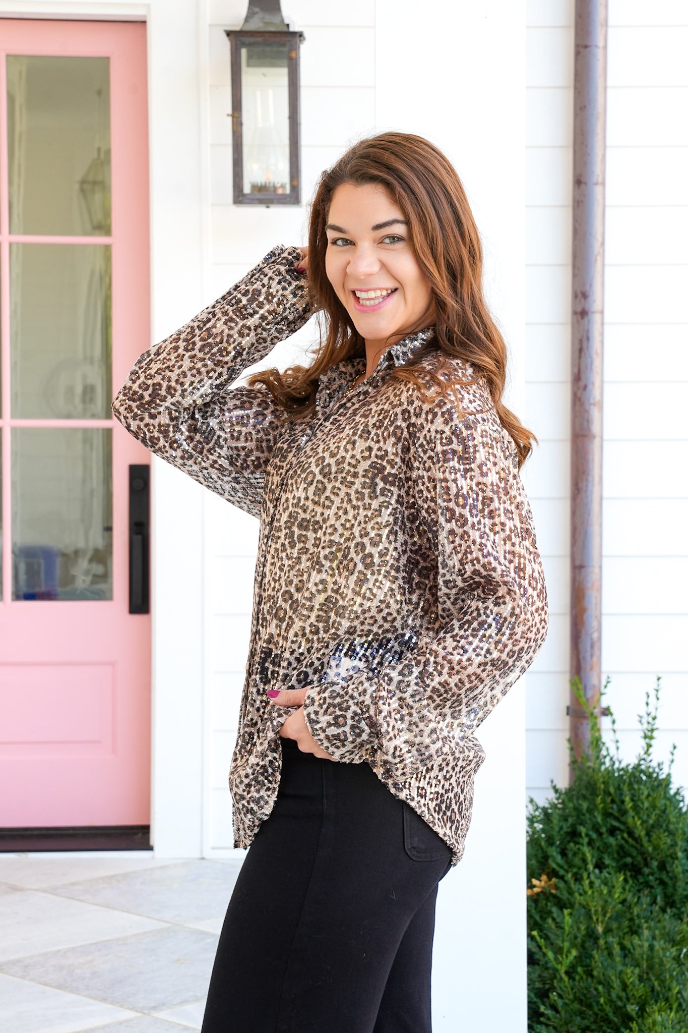 Plus/Reg Sequin Leopard Print Long Sleeve Button Down Top