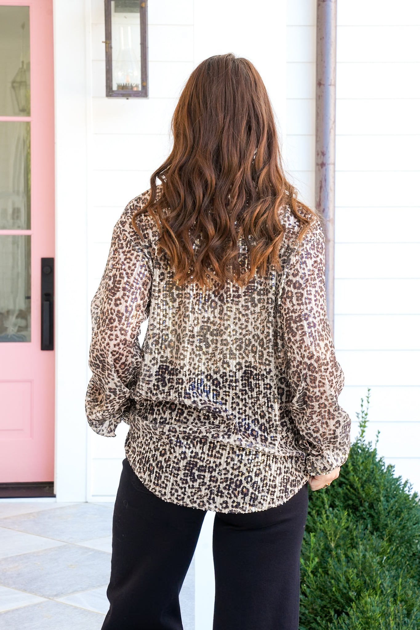 Plus/Reg Sequin Leopard Print Long Sleeve Button Down Top