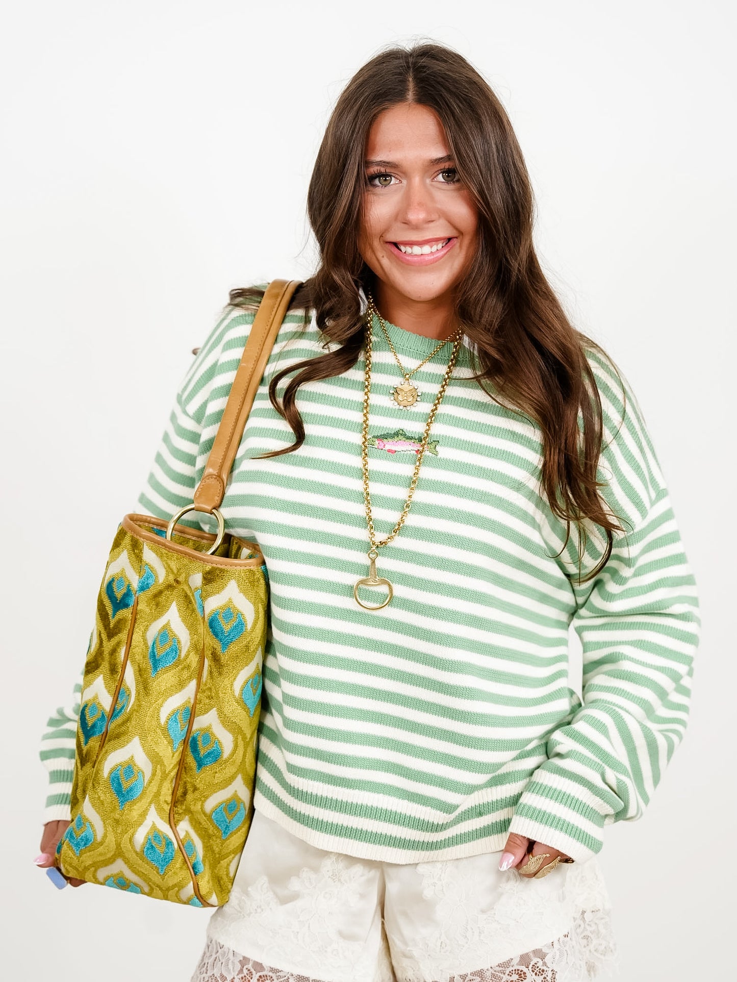 Stripe Long Sleeve Pullover Sweater with Embroidered Fish - Freckled Poppy
