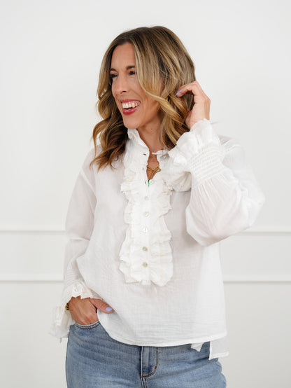 POL White Long Sleeve Button Down Top with Ruffle Trim