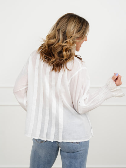 POL White Long Sleeve Button Down Top with Ruffle Trim