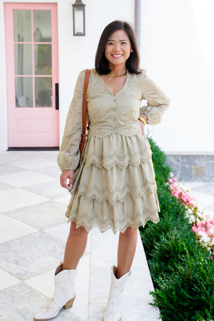 Embroidered Lace Long Sleeve Tiered Dress