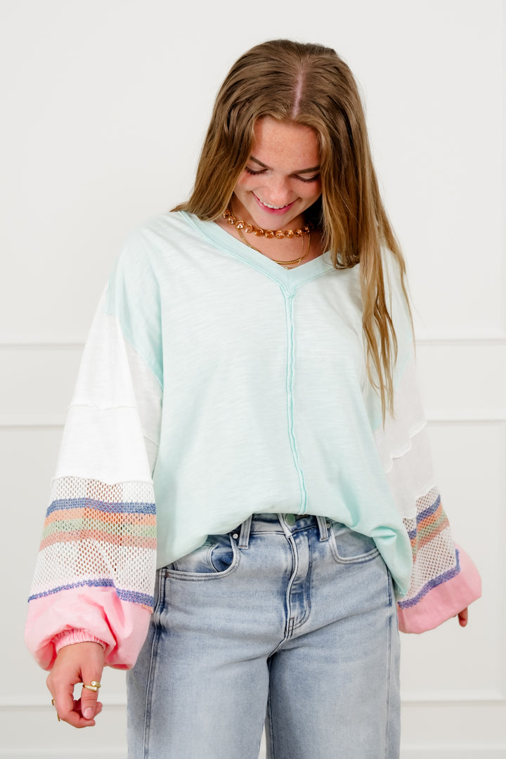 Cotton Long Stripe Sleeve V Neck Top
