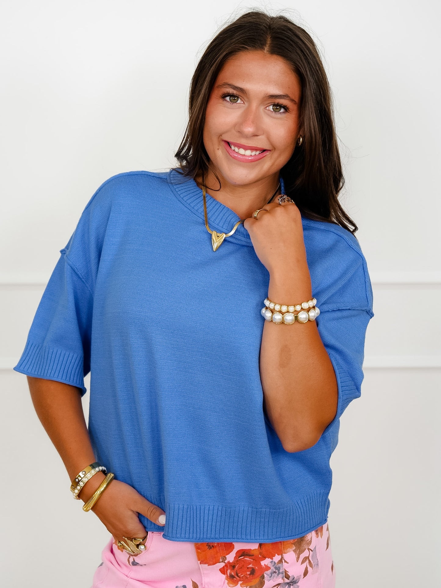 Solid Short Sleeve Crew Neck Sweater