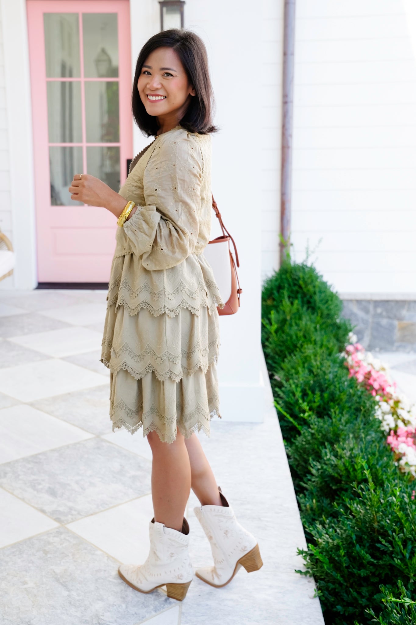 Embroidered Lace Long Sleeve Tiered Dress