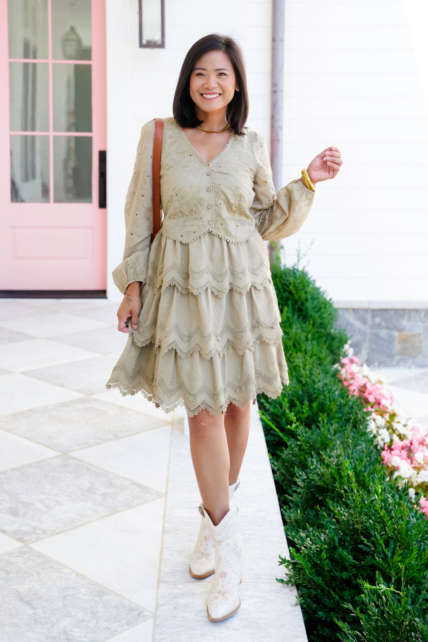 Embroidered Lace Long Sleeve Tiered Dress