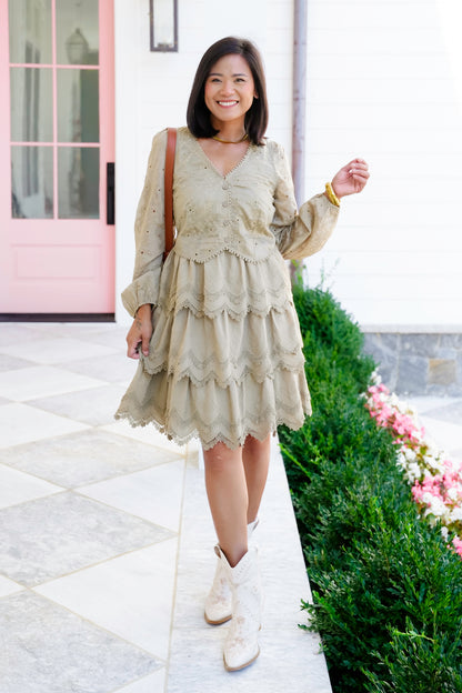 Embroidered Lace Long Sleeve Tiered Dress