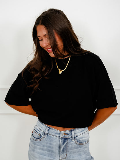 Solid Short Sleeve Crew Neck Sweater