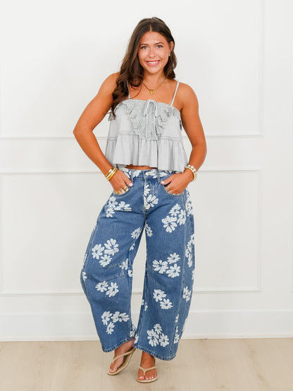 POL Grey Spaghetti Strap Top With Lace Trim