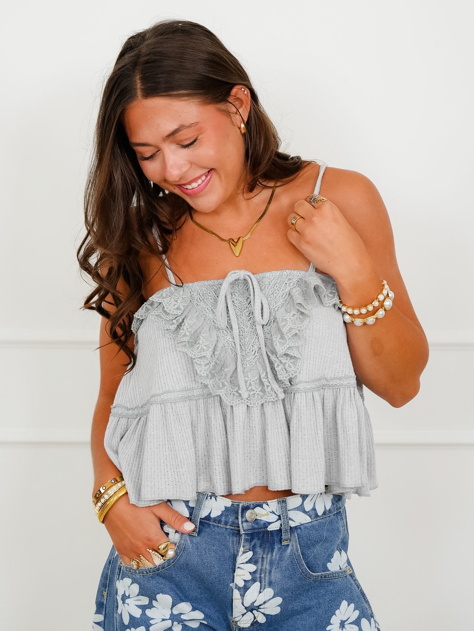 POL Grey Spaghetti Strap Top With Lace Trim – Freckled Poppy