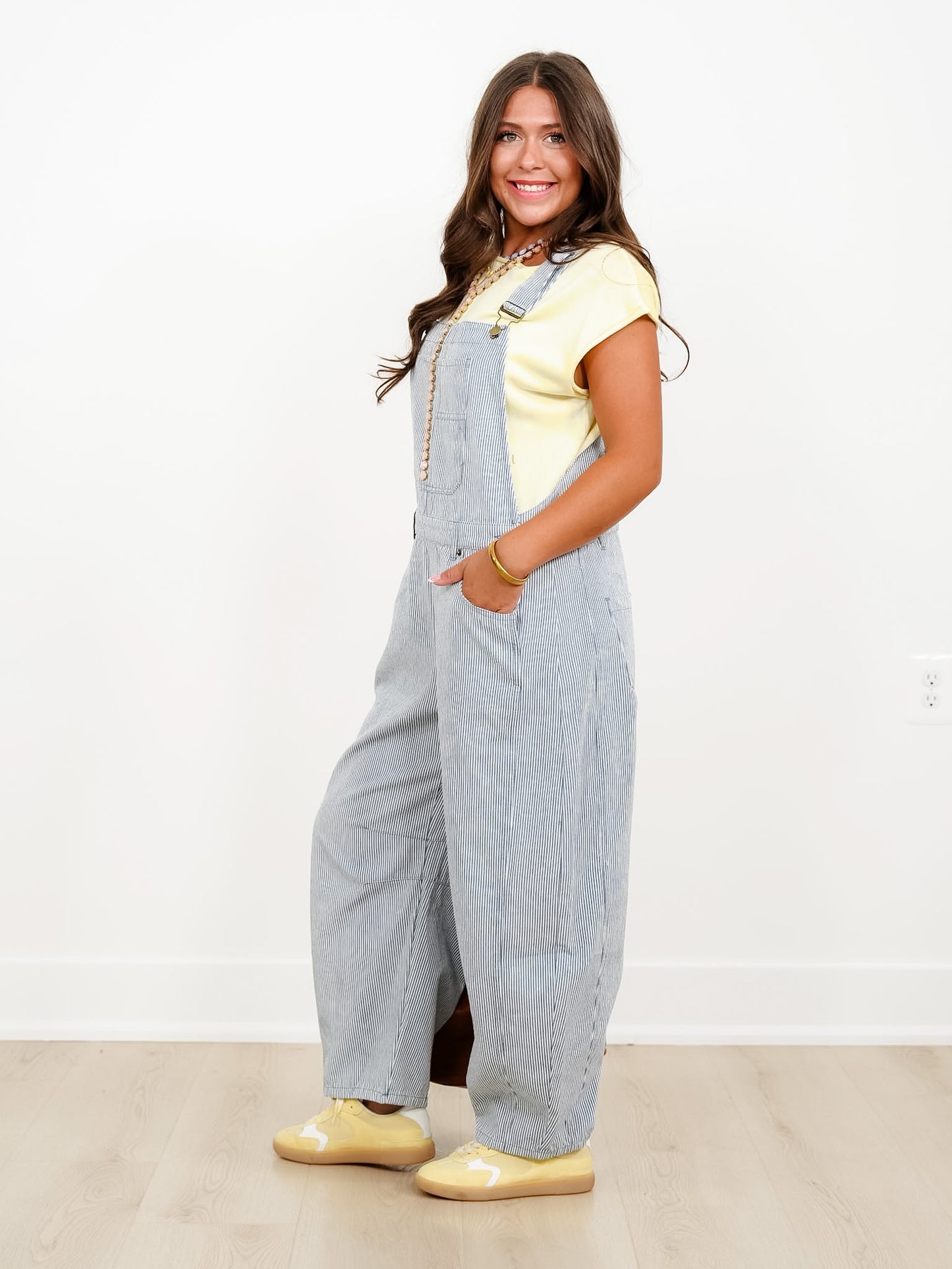 Plus/Reg Pinstripe Barrel Leg Overalls