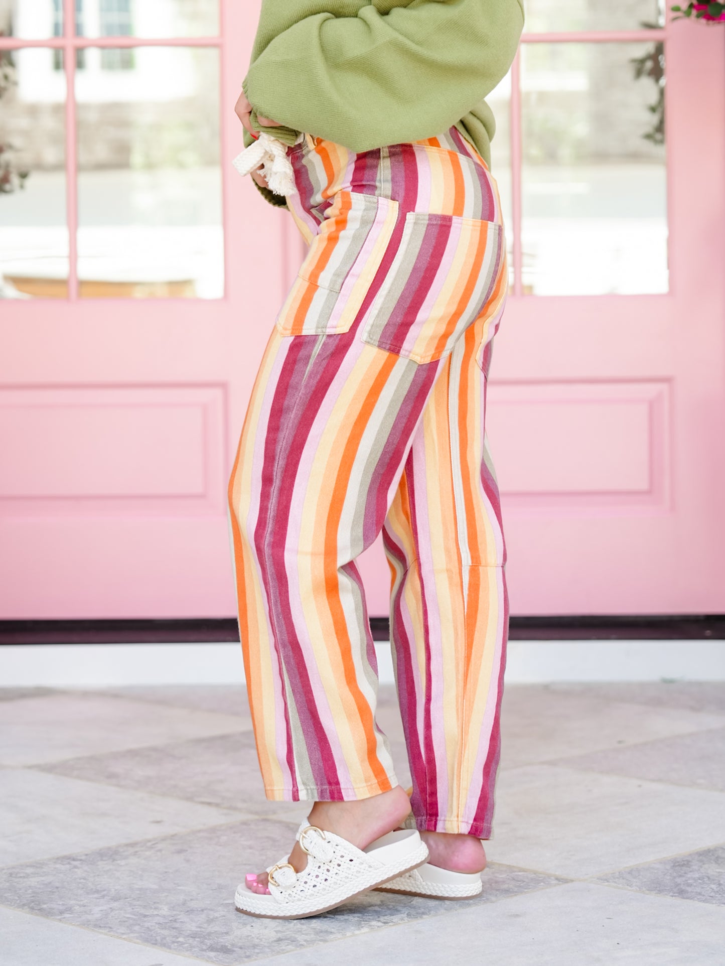 Vertical Stripe Barrel Pants with Patch Pockets
